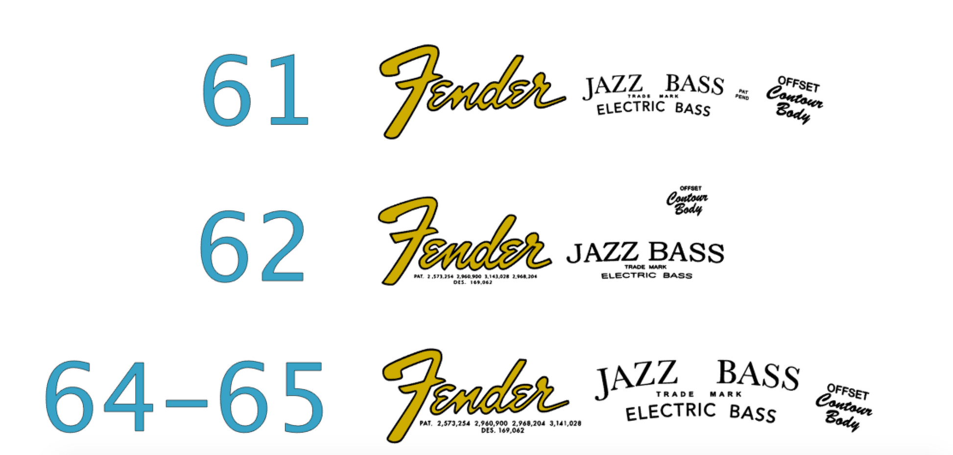 Fender Jazz Bass Headstock Decal Logo Waterslide Years 1961 1962 1964 and 1965