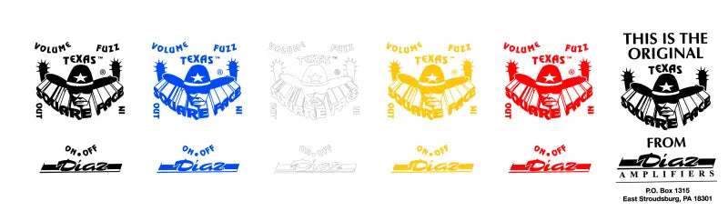 Diaz Square Face Fuzz Guitar Effects Pedal Restoration Decal Set and box label. Vinyl peel and stick. Multiple colors. 