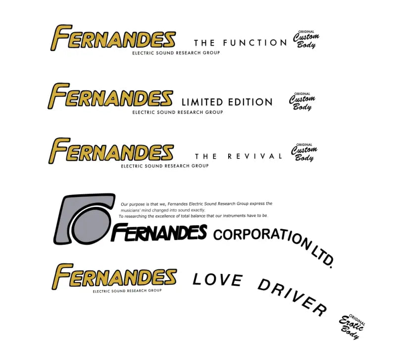 Fernandes Guitar Headstock Decal Logo Vintage Lawsuit Models Limited Edition, The Function, The Revival, Stone Logo, and Love Driver