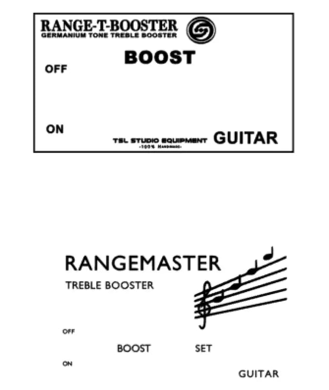 Rangemaster RANGE-T BOOSTER & TREBLE BOOSTER Guitar Pedal Repro Restoration Decal Logo Complete Set Waterslide