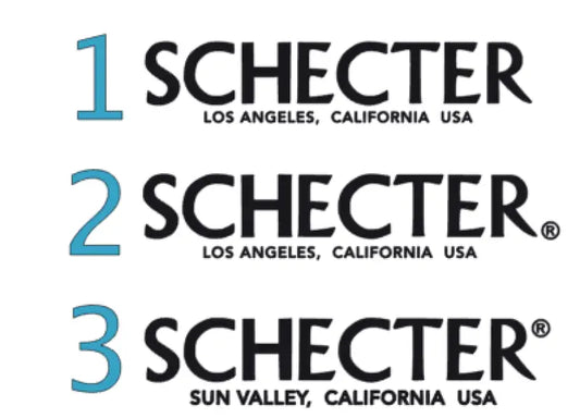Schecter Guitar Vintage Headstock Decal Logo Waterslide or Foil. Choose from Los Angeles vintage, Los Angeles® Modern, or Sun Valley.